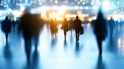 Poster - Business travelers are walking through a modern airport terminal at night. The image is blurred to convey a sense of motion and urgency