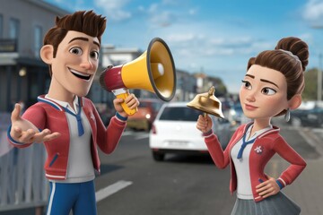Poster - Two cartoon characters  a boy and a girl  holding a megaphone and a bell  standing in a street.