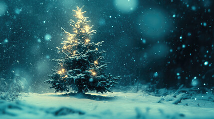 Wall Mural - Christmas tree outdoor with snow, lights bokeh around, and snow falling, Christmas atmosphere