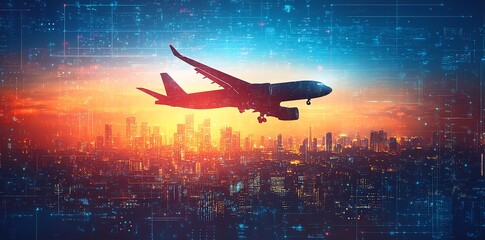Poster - A silhouette of a commercial airplane flying over a city with glowing lights.