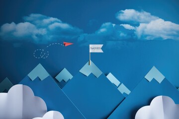 Poster - Paper airplane flying towards a success flag on a mountain peak.