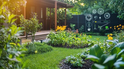 Poster - This lush garden features automated sprinklers and soil sensors, thriving under the warm glow of morning sunlight. Generative AI