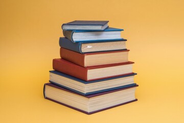 Fototapete - A stack of seven books arranged in a pyramid shape on a yellow surface.