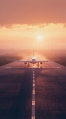 Aufkleber - Passenger airplane is taxiing on the runway at sunset, preparing for takeoff or after landing. The warm light of the setting sun creates a beautiful and dramatic scene