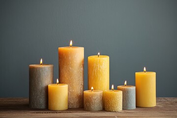 Poster - A collection of lit candles in various sizes and colors on a wooden surface against a gray background.