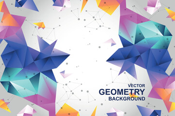 Aufkleber - Abstract background with bright different colors geometric form structures and particles links. Wallpaper with dots connects and triangular polygons texture on white backdrop. Vector illustration