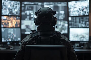 Poster - A soldier in a tactical vest and headphones sits in front of a bank of monitors displaying surveillance footage.