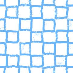 Aufkleber - Vector checkered pattern. Seamless blue and white brush stroke background. Chequered print with distress texture. Painted tartan ornament for kids. Childish design
