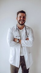 Wall Mural - A smiling man in a white coat with a stethoscope around his neck