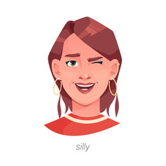 Poster - Silly facial expression of woman with smiling face. Vector isolated flat cartoon character, playful and positive winking lady personage. Young girl in good mood, playing around and having fun