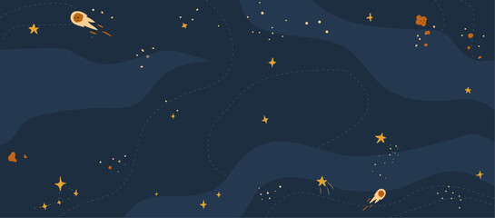 Poster - Comets and shooting stars, night sky with illuminating celestial bodies. Vector in flat style, galaxy and cosmos, emptiness and void of universe. Astronomy and cosmology science and discoveries