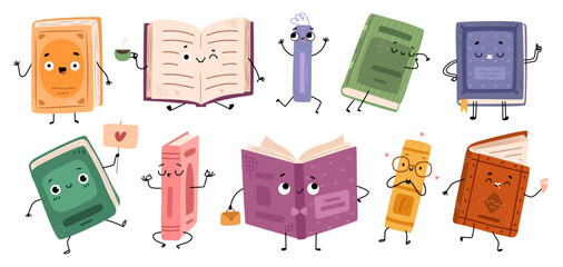 Aufkleber - Book characters with facial expression of joy and happiness, relax and curiosity. Vector in flat style, isolated set of covers with hands and legs, facial emotions. Greeting and waving, winking