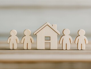 A wooden house figurine with four human figures symbolizes family, home, and community, representing togetherness and stability.