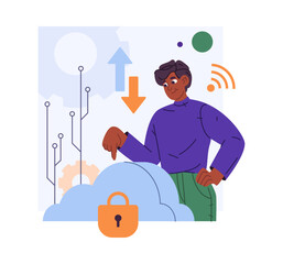 Poster - Male character engineer setting privacy and security settings on cloud computing service. Vector isolated personage with backup site, configurations and exchanging data with remote server