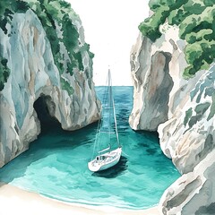 Wall Mural - Watercolor Illustration of a Sailboat in a Secluded Cove.