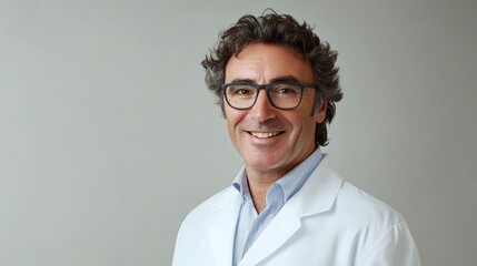 Poster - A man wearing glasses and a white lab coat is smiling