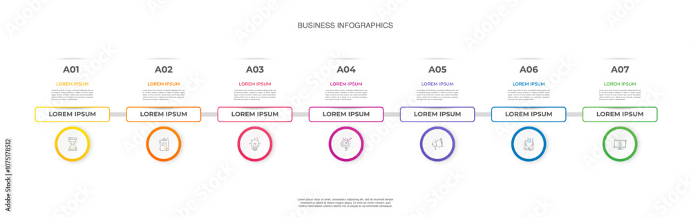 Infographics circle timeline with seven templates, icons, labels ...