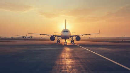 Poster - Passenger airliner taxis at sunset on a runway, glowing in golden light before takeoff or landing, evoking wanderlust and adventure