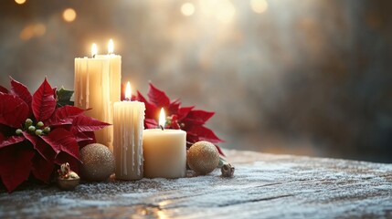 Poster - A serene arrangement of candles surrounded by festive poinsettias and ornaments.