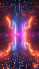 Poster - Abstract glowing neon light tunnel with digital particles.