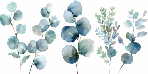 Poster - Set of watercolor eucalyptus branches, sage green and blue color palette, white background