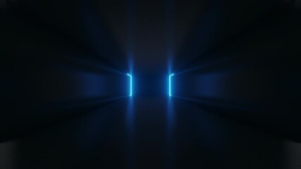 Poster - Endless corridor with neon lines tending up and moving forward a concrete corridor illuminated with blue neon lights. Futuristic abstract colorful background in bright neon blue colors. 3d animation
