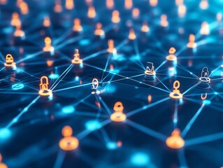 Poster - Abstract network of glowing people icons connected by lines representing communication, relationships, and social interaction.
