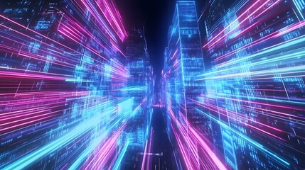 Poster - A hyper-futuristic cityscape with glowing skyscrapers and flowing digital lines across the sky, blending surreal colors of neon blue and pink, with layers of holographic advertisements illuminating