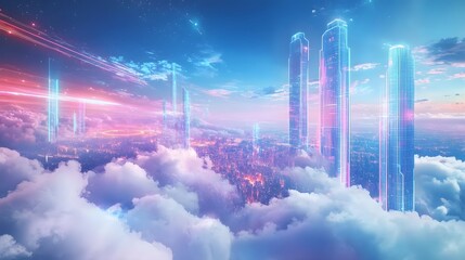 Poster - A dreamlike, hyper-futuristic skyline where glassy skyscrapers tower among ethereal clouds with bright neon streams and abstract patterns illuminating the cityscape. No text, no logo, wide angle