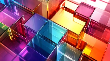 Poster - An abstract composition of interlocking, transparent shapes with electric colors, casting reflections and shadows that create a layered, futuristic feel in a hyper-digital space. No text, no logo,