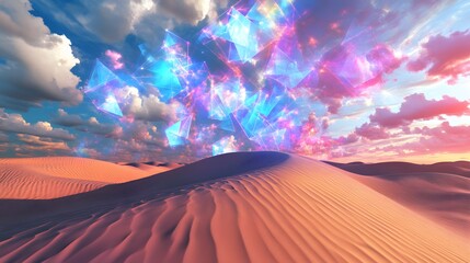 Poster - A surreal digital desert with sand dunes under a neon sky filled with abstract, colorful clouds and glowing geometric shapes hovering above the landscape. No text, no logo, wide angle shot, 4k