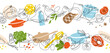 © SpicyTruffel - Food background. Line cooking pattern. Healthy kitchen menu. Chefs saucepan. Continuous art. Restaurant lunch. Meal recipe. Cutting vegetables. Color simple drawing. Vector culinary border
