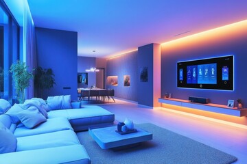 Wall Mural - This stylish living room features custom ambient lighting and touch panels, creating a cozy and modern atmosphere for relaxation. Generative AI