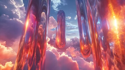 Poster - A surreal landscape with digital rivers of light flowing through tall, metallic structures that reflect a sky filled with abstract, luminous clouds. No text, no logo, wide angle shot, 4k resolution,