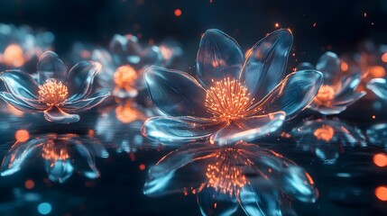 Poster - A dreamlike scene of levitating metallic flowers with neon petals, casting soft reflections on a mirrored surface, creating a surreal, abstract garden. No text, no logo, wide angle shot, 4k