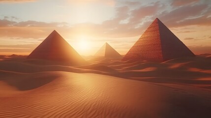 Poster - A digital desert at sunset with floating pyramids emitting a soft glow, casting long shadows on the dunes and blending the surreal with sci-fi elements. No text, no logo, wide angle shot, 4k