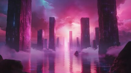 Aufkleber - A landscape of floating monolithic structures casting reflections on a glowing, neon river, blending surrealism with a sense of sci-fi mystery. No text, no logo, wide angle shot, 4k resolution,