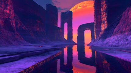 Wall Mural - A landscape of floating monolithic structures casting reflections on a glowing, neon river, blending surrealism with a sense of sci-fi mystery. No text, no logo, wide angle shot, 4k resolution,