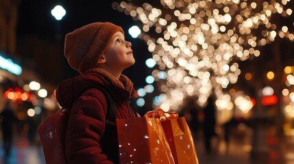 Wall Mural - Young boy holding gift bags gazing at christmas tree lights in wonder