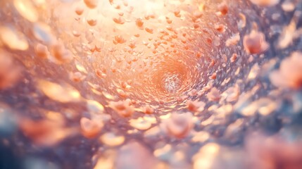 Poster - A scene of metallic, floating petals arranged in a spiral pattern, hovering over an endless digital landscape with soft, ethereal colors and textures. No text, no logo, wide angle shot, 4k