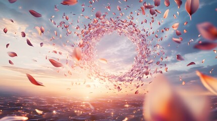 Poster - A scene of metallic, floating petals arranged in a spiral pattern, hovering over an endless digital landscape with soft, ethereal colors and textures. No text, no logo, wide angle shot, 4k