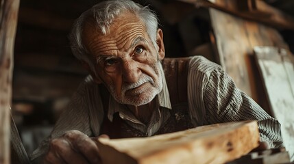 Poster - A close-up of an elderly craftsman in his workshop, hands and face weathered from years of hard work, captured in a moment of intense focus on his latest piece. No text, no logo, wide angle shot,