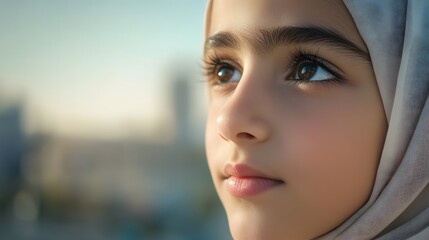 Poster - A close-up portrait of a teenage girl wearing a hijab, her eyes reflecting confidence and resilience, set against an urban background. No text, no logo, wide angle shot, cinematic scene, 4k resolution