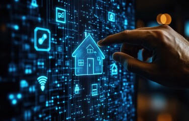 Poster - Business professional interacting with smart home interface on futuristic digital touchscreen