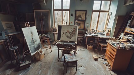 Poster - An artist s workshop with various tools, paints, and unfinished canvases scattered around, and the artist deeply focused on their current piece. No text, no logo, wide angle shot, cinematic scene, 4k