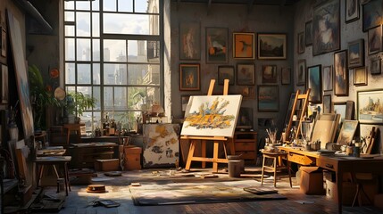 Poster - An artist s workshop with various tools, paints, and unfinished canvases scattered around, and the artist deeply focused on their current piece. No text, no logo, wide angle shot, cinematic scene, 4k