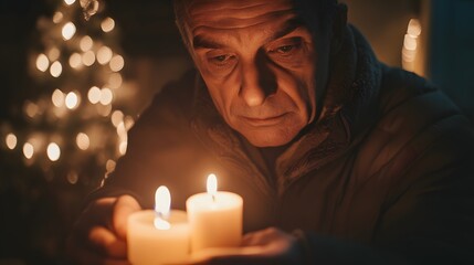 Poster - A man lighting a candle in memory of a loved one, his face contemplative and reverent, a moment of quiet respect captured amidst the daily noise. No text, no logo, wide angle shot, cinematic scene,
