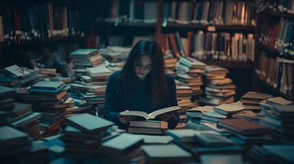 Poster - A woman sitting in a library surrounded by books, her face filled with quiet determination as she studies late into the night. No text, no logo, wide angle shot, cinematic scene, 4k resolution