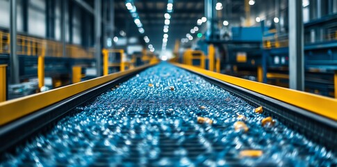 Poster - Close-up of a conveyor belt in a factory with yellow and blue stripes and metal pieces moving along it.