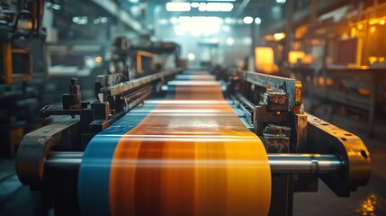 Poster - Close-up of a conveyor belt in a factory with colorful materials moving through it.